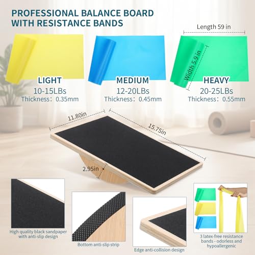Thenshop Balance Board Trainer Set with Resistance Bands for Adults Wooden Wobble Board for Core Strength, Stability & Balance Training, Includes 3 TPE Exercise Bands