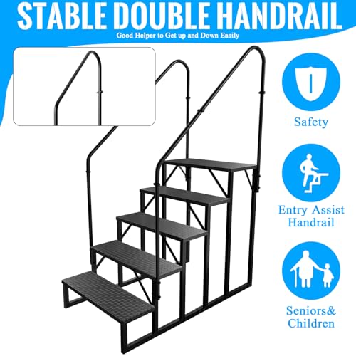 RV Stairs 5 Step Ladder, RV Steps Anti-Slip, Hot Tub Steps with Handrail, 660 lbs RV Ladder for 5th Wheel RV, Mobile Home Stairs（2 Handrails - style: 5 handrails Step