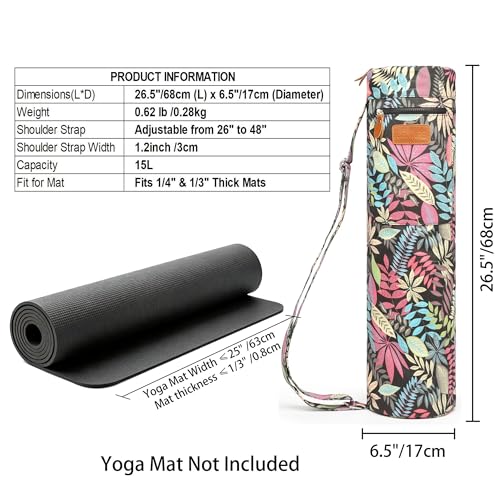 Yoga Mat Bag for Women & Men, Full-Zip Canvas Pilates Bag with Pockets | Lightweight Yoga Mat Carrier with Adjustable Shoulder Strap, Fits 1/4 & 1/3 Inch Thick Mats, for Studio Gym Travel Workout - color: Colorful leaves