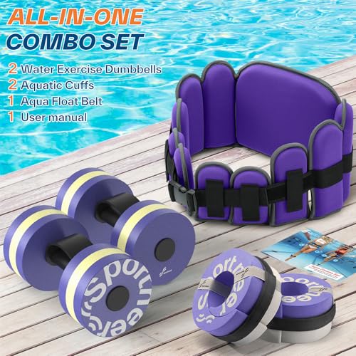 Sportneer Aquatic Exercise Equipment Water Aerobics Combo Set Includes High Density Water Weights Dumbbell Aqua Belt Water Ankle Weights for Pool Exercise Aquatic Therapy Pool Fitness Water Exercise - color: Purple, style: Aqua Exercise Set with Foam Cuff