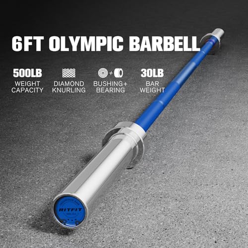 RITFIT Olympic Barbell 4ft/6ft - 2 Inch Weight Bar for Strength Training, Weightlifting, Squat, Deadlift, Bench Press, Curl, Overhead Press - 350lbs/500lbs Capacity - color: Silver/Blue, size: 6FT without Collar