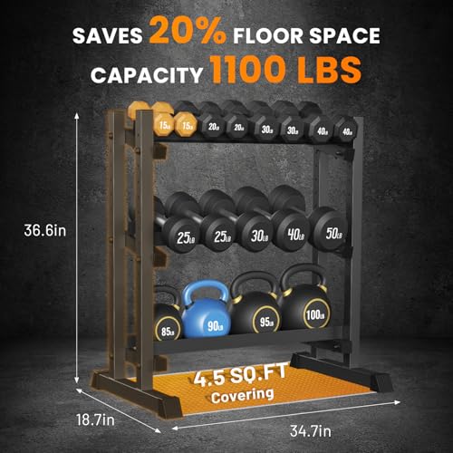 3-Tier Dumbbell Rack, 1100LBS Capacity Adjustable Weight Rack, Heavy-Duty Weight Stand for Dumbells & Kettlebells, Compact Weight Storage Organizer for Home Gym (Rack Only) - size: 18.7 x 34.7 x 36.6 inches