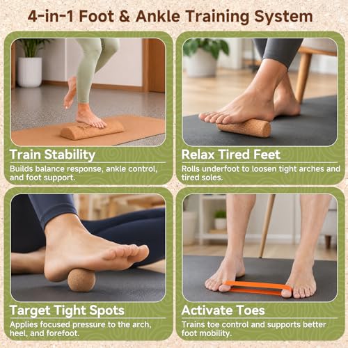 Rocalt Cork Balance Board, Foot and Ankle Strengthener Kit | 4-in-1 set with roller, ball, toe bands and guide, 12 x 4 x 4 in cork build, for runners, yoga and mobility