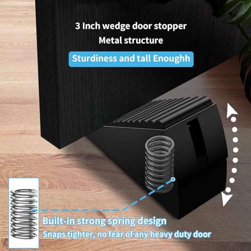 AIMAXINKE Door Stoppers for Bottom of Door-Large Heavy Duty Door Stop Wedge 3'' High Adjustable Spring Metal Tall Doorstop, Strongest Rubber Grip, Suits Carpet, Tile, Home, School +2 Wall Protector - color: Black