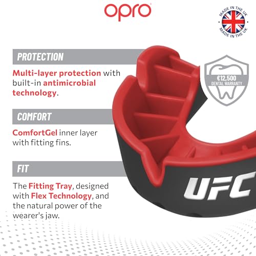 OPRO Silver Level UFC Moldable Mouth Guard Essential Fit (Black/Red) Adult & Kids Boxing Mouthguard for MMA & Impact Sports, Self-Fit Mouth Guard for Sports, Football, Hockey - Includes Case - color: Ufc - Black/Red, size: Adult (Age 10+)