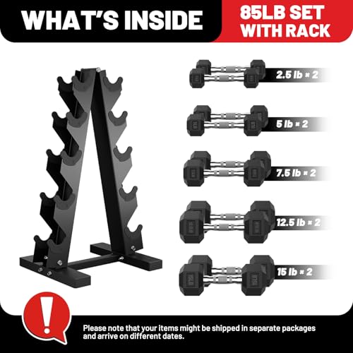 Hex Dumbbell Sets with Rack, 85-560lb Dumbbell Weight Set & Storage Rack | PAPABABE Dumbbell Set with Stand, Rubber Dumbbell Weight Set, Multiple Options Hand Weight for Strength Training - size: 85lb (2.5 , 5, 7.5, 12.5, 15lb)x2& Rack