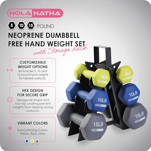 HolaHatha 1, 2 and 3 lb Neoprene Dumbbell Strength Training Weight Set with Rack - color: Multicolor, size: 60 LB