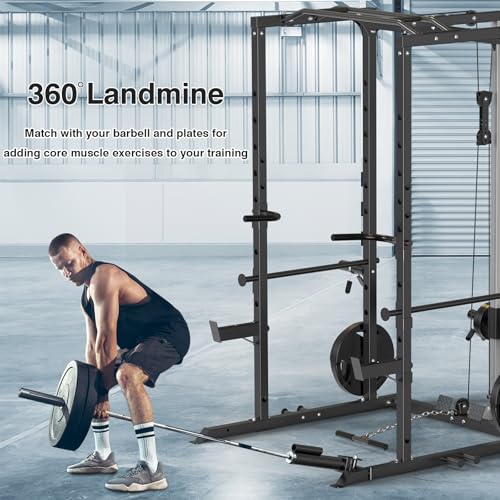 ULTRA FUEGO Power Cage, Multi-Functional Power Rack with J-Hooks, Dip Handles, Landmine Attachment and Optional Cable Pulley System for Home Gym - size: Power Cage Black With Pulley System and Flat Bench