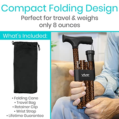 Vive Folding Cane - Foldable Walking Cane for Men, Women - Fold-up, Collapsible, Lightweight, Adjustable, Portable Hand Walking Stick - Balancing Mobility Aid - Sleek, Comfortable - color: Leopard