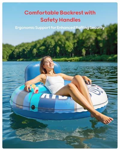 QPAU Inflatable River Tube, 0.4 mm Thickened Puncture-Resistant Heavy Duty River Float, River Raft with Ergonomic Backrest, Mesh Bottom & 2 Cup Holders for Adults and Friends Lake Float - color: B-Sky Blue 01