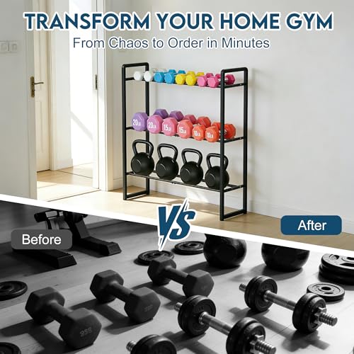 3 Tier Dumbbell Rack, 330 lb Capacity Weight Rack for Home Gym, Stand Only | Adjustable 3.4-7.8 in. Spacing fits Dumbbells & Kettlebells, Stable Metal Construction, Leveling Feet, Easy Assembly