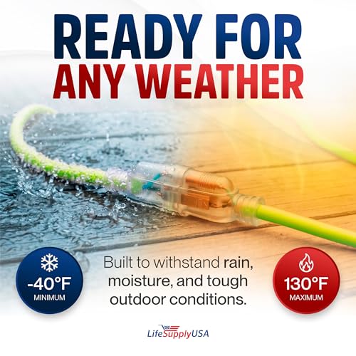 25ft Outdoor/Indoor Extension Cord 12/3 Gauge Extra Heavy Duty 3 Prong SJTW, Waterproof, Flexible Cold-Resistant Long Power Cord, 15A 125V 1875W, Neon Green by LifeSupplyUSA - color: Neon Green, size: 25 FT, style: 12AWG