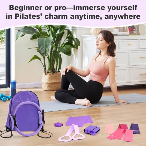 Pilates Kit-14PCS Pilates Equipment Set | home pilates kit includes pilates ring and ball, resistance bands, ankle weights and socks, for strength and flexibility - color: purple