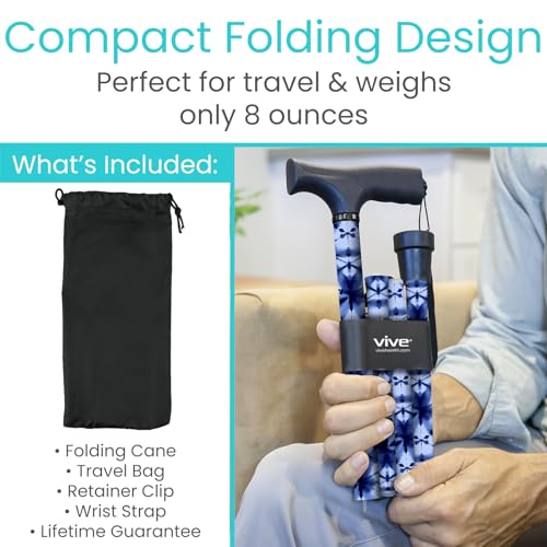 Vive Folding Cane - Foldable Walking Cane for Men, Women - Fold-up, Collapsible, Lightweight, Adjustable, Portable Hand Walking Stick - Balancing Mobility Aid - Sleek, Comfortable - color: Blue Burst