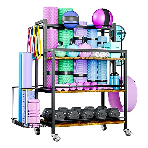 EasyCom Home Gym Storage Rack for Dumbbells, Kettlebells, Foam Roller, Weights - Yoga Mat Storage Rack - Yoga Mat Storage Cart with Wheels, Shelves, Hooks - Home Gym Storage Unit Equipment Organizer