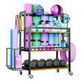 EasyCom Home Gym Storage Rack for Dumbbells, Kettlebells, Foam Roller, Weights - Yoga Mat Storage Rack - Yoga Mat Storage Cart with Wheels, Shelves, Hooks - Home Gym Storage Unit Equipment Organizer