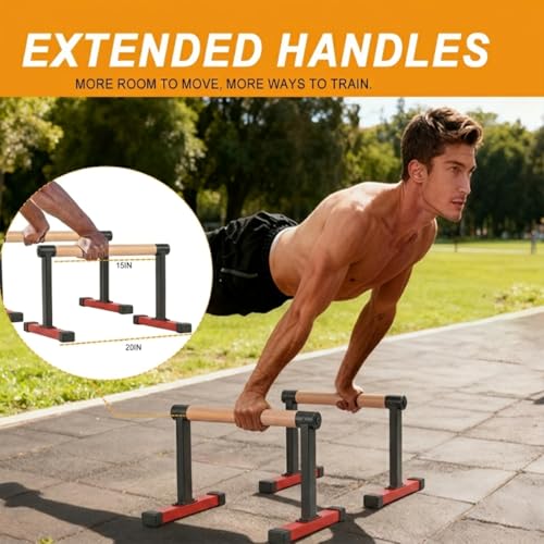 Wooden Parallel Bars 20" Length 12" Height,Dip Bar with Thick Beech Handles, Push-up stands for Handstand, L-Sit, Gymnastics, Strength Training Home Gym,Anti-slip Mats, Easy to Install,700lbs - color: Red