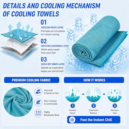 Amgico 10 Pack Cooling Towel 40"X12", Cooling Towels for Hot Weather, Instant Cooling Soft Breathable Quick Dry Microfiber Towel for Summer, Hiking, Golf, Travel, Beach, Gym, Camping & More - color: Sky Blue/Lake Blue/Royal Blue/Emerald Green/Light Purple