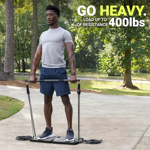 EVO Gym - Portable Home Gym Strength Training Equipment, At Home Gym | All in One Gym - Resistance Bands, Base Holds Gym Bar & Handles for Travel | Portable Gym & Home Exercise Equipment - style: Advanced - 8 Bands (220 Pounds)
