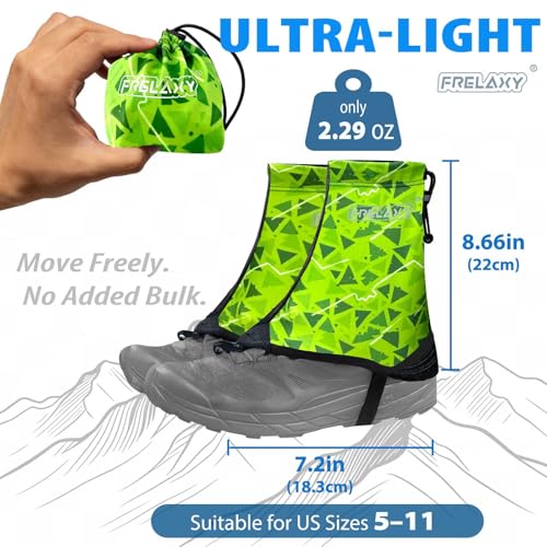 Frelaxy Ultralight Trail Gaiters, Low Shoe Gaiters for Hiking and Running | Breathable fabric, Wear-resistant design, Hypalon underfoot strap, Blocks rocks, mud, dust, Secure fit - color: Neon Green