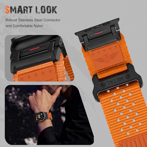 Rugged Nylon Band for Apple Watch Ultra 3/2/1 Series 11 10 9 8 7 6 5 4 SE/3/2/1 for Men,Breathable Stars-Stripes Flag Wristband Workout Athletic Strap for iWatch Ultra Bands 49mm 46mm 45mm 44mm 42mm - color: 09-Orange-Leather Flag-Metal adapter, size: 49/