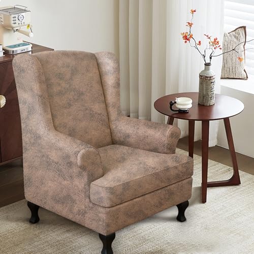 ANARACHON Leather Look Wingback Chair Covers, 2-Piece Wing Chair slipcover,Stretch Wing Back Armchair Slipcovers with Elastic Bottom, Soft Spandex Furniture Protector for Living Room (03 Light Brown) - color: Light Brown #3