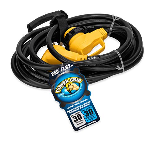 Camco Power Grip 25-Ft 30 Amp RV Extension Cord w/90° Locking End - Rated for 125V / 3,750W - Features Threaded Locking Ring for Weatherproof Connection & 10-Gauge Copper Wire (55524) (Pack of 2) - size: 25-Foot (Pack of 2), style: 90° Locking End
