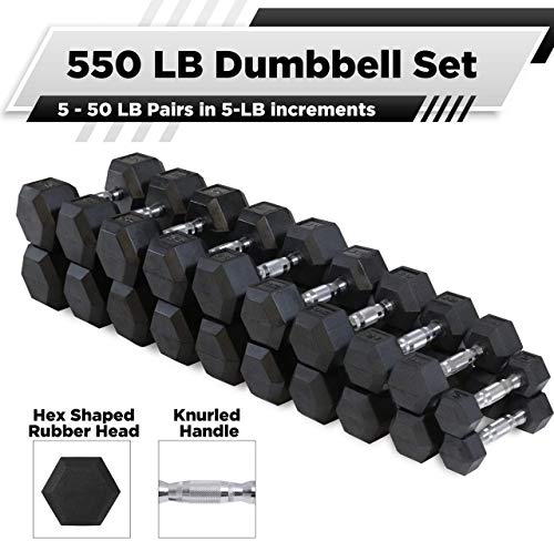WF Athletic Supply Rubber Coated Hex Dumbbell Set, Multiple Choices Available - Dumbbells with Rack Stand and Mat, or Dumbbells Only (200/550/1200/2100/3000 LB) - color: c. 5 - 50LB Dumbbells Only