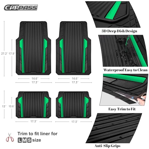 CAR PASS Heavy Duty Rubber Car Mats Metallic,Aluminum Film All Weather Floor Mats Waterproof Universal Trim to Fit SUVs Sedans Vans 4 Piece Anodized Deep Dish Two-Tone Sporty Black Green Chrome - color: Black Green