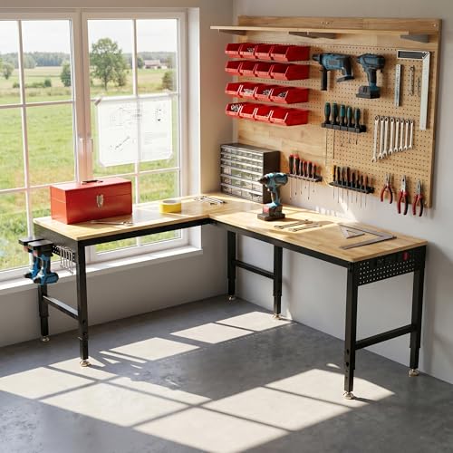 Betterhood 96" 2-in-1 Convertible Adjustable Workbench, L-Shaped & Extended 5000 LBS Heavy Duty Work Table with Power Outlets & Pegboard, Rubber Wood Workstation for Garage, Workshop - size: Rubber Pad/ Power Outlets/ 2 Pegboard/ 96"x20"x37"