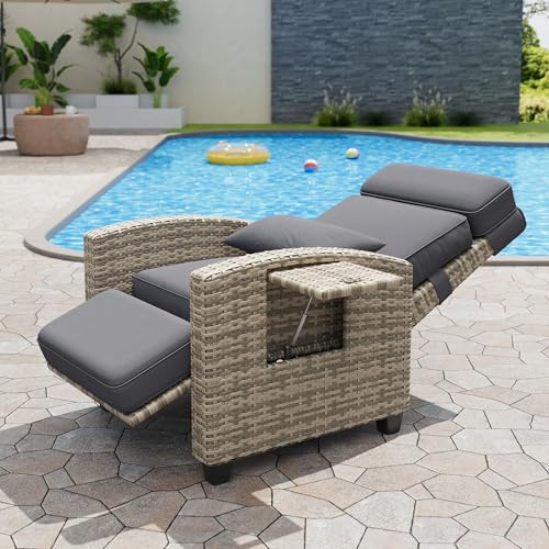 GarveeLife Outdoor Recliner Chair, PE Wicker Lounge Chair with Adjustable 145° Lay-Flat Backrest, Independent Footrest & Side Table, Plush Cushion for Patio, Poolside, Backyard in Gray - color: Grey Rattan /Grey Cushion