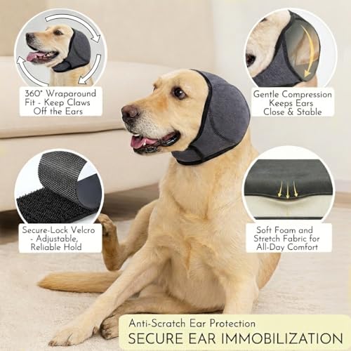 No-Shake Ear Wraps for Dogs: Breathable Bonnet to Stop Shaking & Aid Aural Hematoma Recovery - Post-Surgery Bleeding Protection for Golden Lab & Shepherd Large Breed - size: Large