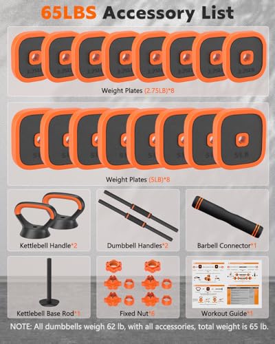 Rendpas 4-in-1 Adjustable Dumbbell Set with Foldable Weight Bench, Convert to Barbell Kettlebell Push-Up Stand, 800LBS Bench 10 Angles Incline Decline Flat, Home Gym Weight Set - color: Orange, size: 65LB Dummbell Set & Adjustable Bench