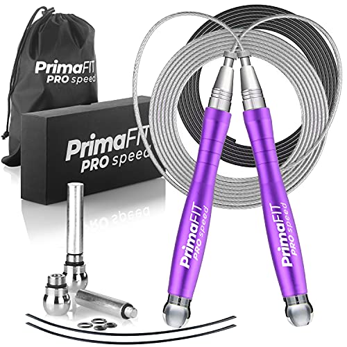 PrimaFIT Pro Speed Jump Rope for Adults, Weighted Skipping Rope for Boxing | Adjustable Jumping Rope for Fitness Workout & CrossFit Exercise, Double Unders, Handle Weights, 3m Cables 2 Protectors, Bag - color: Purple