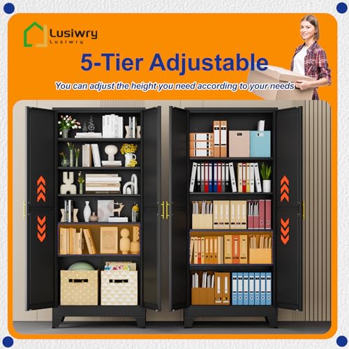 Metal Storage Cabinet with 2 Doors and 5 Adjustable Shelves - 74.8" Steel File Cabinet,Tool Cabinets for Office,Home,Garage,Gym,School (Black) - color: Black, size: 74.8H