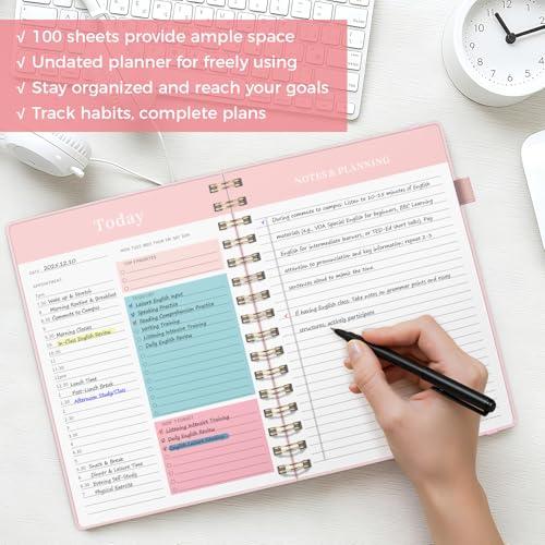 Oucaru Undated Daily Planner, 8.5"x11", A4 Size Spiral Notebook with Hourly Schedule, To Do List, Priorities, and Notes for Productivity - Easily Organize Your Tasks, Appointments & Goals for Women - size: A4-Pink, style: Daily Planner
