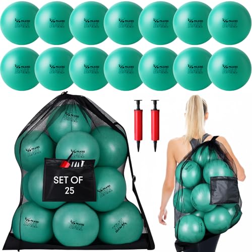 Set of 25 Pilates Balls Bulk 9 Inch Small Exercise Ball for Yoga, Stability, Physical Therapy, Balance, Barre, ABS Core, Gym, Training, with Mesh Bag and Pump - color: Green