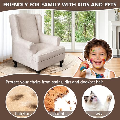 ANARACHON Leather Look Wingback Chair Covers, 2-Piece Wing Chair slipcover,Stretch Wing Back Armchair Slipcovers with Elastic Bottom, Soft Spandex Furniture Protector for Living Room (Beige) - color: Beige