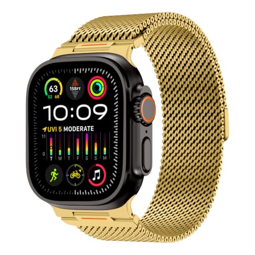 Milanese Loop Compatible with Apple Watch Ultra 3/2/1 Band 49mm 46mm 45mm 44mm 42mm, Magnetic Stainless Steel Strap Bands for iWatch Ultra SE 3/2/1 Series 11 10 9 8 7 6 5 4 3 2 1 Men, Gold - color: Gold