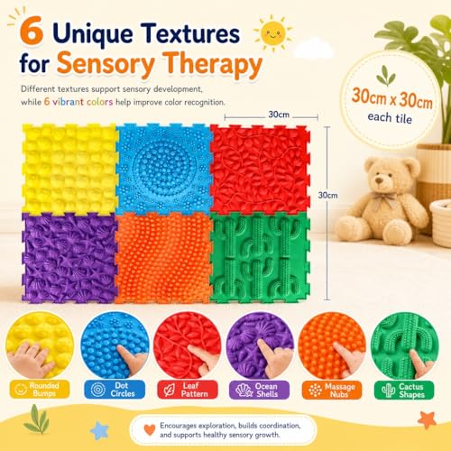 Edusense TPU Sensory Floor Tiles - Textured Puzzle Play Mat for Autistic Kids, Non-Slip Massage Game Mats for Sensory Indoor & Outdoor Use|6 Textures Interlocking Tiles for Sensory Therapy - color: Classical