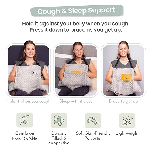 MOYOAMA Hysterectomy Pillow Post Surgery – Form-Fit Support Shield with Secure Straps, 2 Pockets, & Cozy Muff – After Hysterectomy Recovery Must-Haves, Post-Op C-Section Pillow Post Surgery Gifts - color: Moonlight Grey