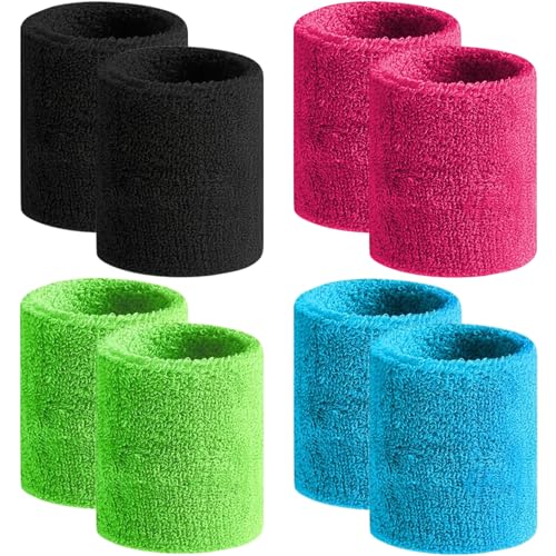 BEACE Sweatbands Sports Wristband for Men & Women -8pcs Moisture Wicking Athletic Cotton Terry Cloth Sweatband for Tennis, Basketball, Running, Gym, Working Out - color: Black/RoseRed/Green/LT-Blue