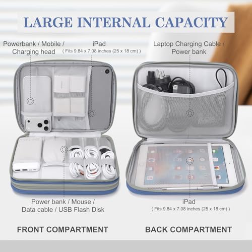 FYY Electronic Organizer, Travel Tech Pouch Bag, Extra Large, Blue Quilted | Wrist Strap, Waterproof, Double Layers Electronics Travel Case for iPad, Cord, Laptop Charger, Daily and Business Trips Use - color: Blue Quilted, size: Extra Large