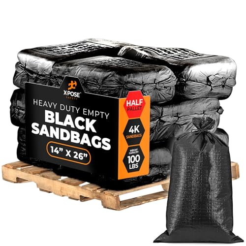 Xpose Safety Heavy Duty Sand Bags with Tie Strings – Empty Woven Polypropylene Sandbags for Hurricane Flood Protection, 100 lb Capacity, 14" x 26", Black, Bulk Half Pallet Pack of 4000 - color: Black, size: 4000 Sandbags (Half Pallet)