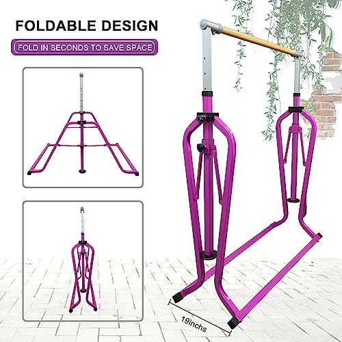 Foldable & Moveable Gymnastics Horizontal Bar with Rings,3’to 5’Adjustable Height Expandable Junior Kip Bar for Home,Indoor Gym Equipment for Kids - style: Foldable Purple with Rings