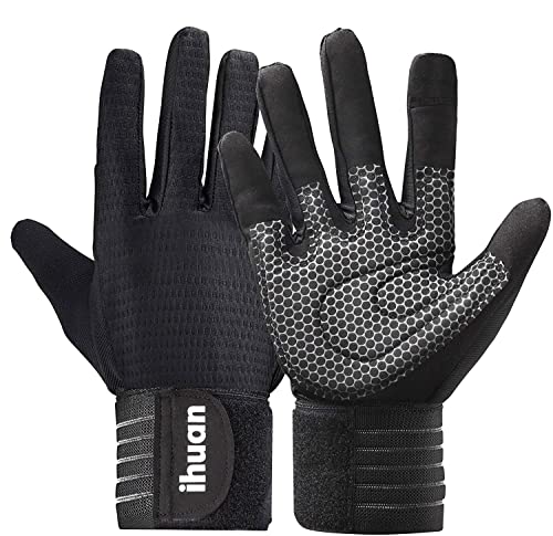 ihuan Workout Gloves for Men Full-Finger: Weight Lifting for Men, Gym Full Hand Gloves for Weightlifting, Deadlift - size: Large