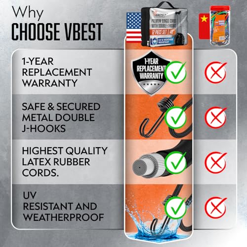Bungee Cords with Hooks 12Pcs Set - Heavy Duty Outdoor Assorted Sizes | Black Rubber Bungy Set Short to Extra Long Sizes - Strong Bungie Straps - UV & Weather Resistant 200lb Strength - size: 12 Pcs Assorted Sizes
