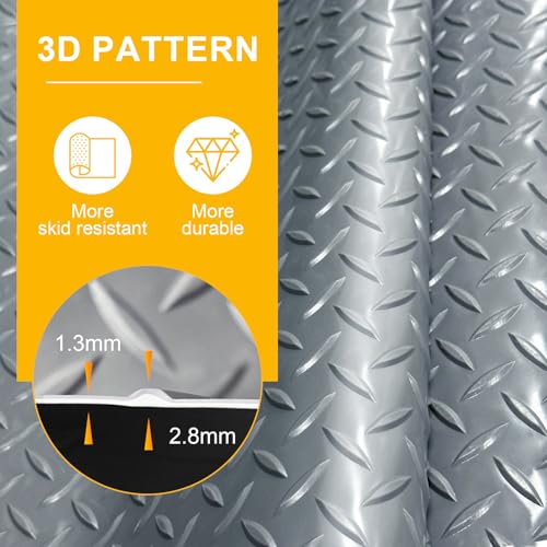 Grandroad auto 8x20 FT Garage Floor Mat, 2.8mm Thickened Flooring Roll for Under Car Diamond Plate PVC Rubber Mat with 20 Pcs Tapes, Non-Slip Floor Mat for Garage, Warehouse, Gyms, Trailer, Gray - color: Grey, size: 8×20FT
