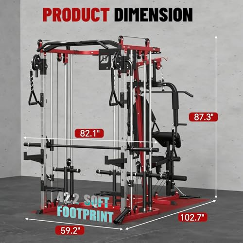 All in One Home Gym System Workout Station, Multi-Function Smithe Machine Power Cage with Cable Crossover System, Tripe-Sided Independent Load Posts, Functional Trainer for Full Body Training - color: Red, style: Home Gym Station