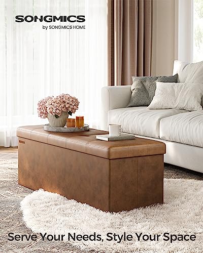 SONGMICS Mazie Collection - 43 Inches Folding Storage Ottoman Bench, Ottoman with Storage, Foot Rest Stool, Load 660 lb, Living Room, Bedroom, Entryway, Synthetic Leather, Coffee Brown ULSF070K01 - color: Coffee Brown, size: 15"D x 43"W x 15"H